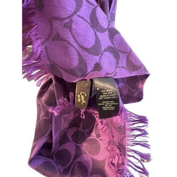 Coach Purple Signature Scarf 30% Silk & 70% Wool, Preppy Fall Boho Relaxed Fit - Picture 4 of 7